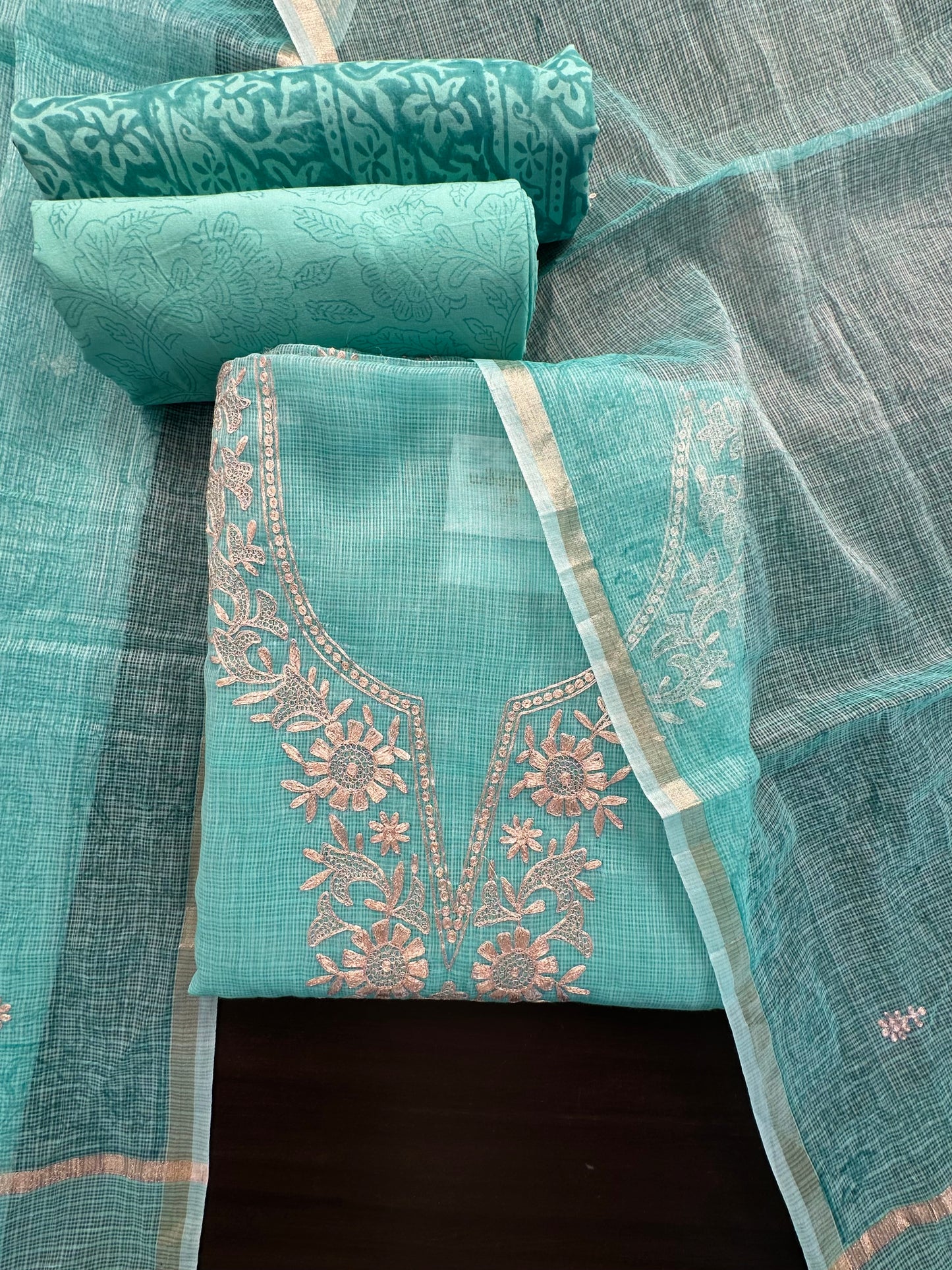 Sea Green 4-Piece Kota Doria Cotton Unstitched Suit