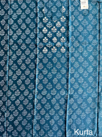 Blue Chanderi Khadi Hand Block Printed 3-Piece Unstitched Suit