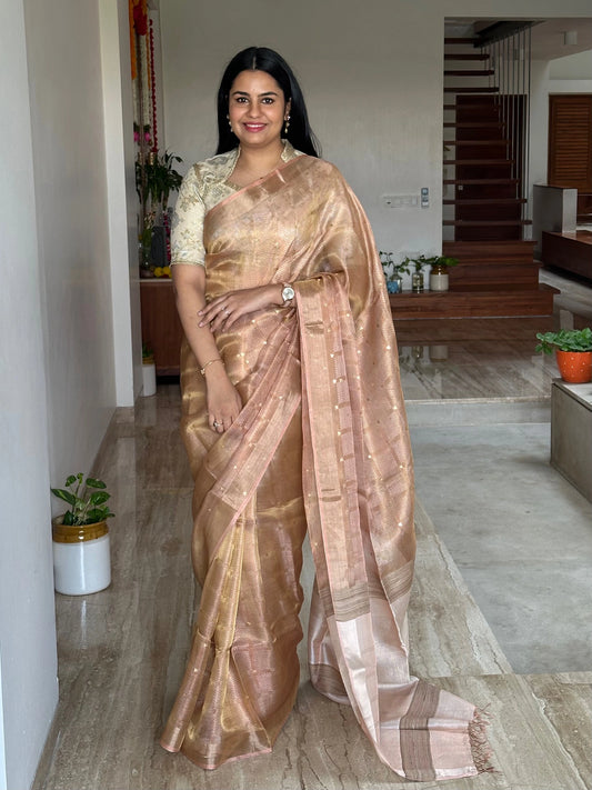 Baby Pink Emboss Pure Tissue Silk Saree