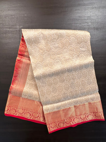 Cream-Red Handloom Kanjivaram Jamawar Pure Silk Saree