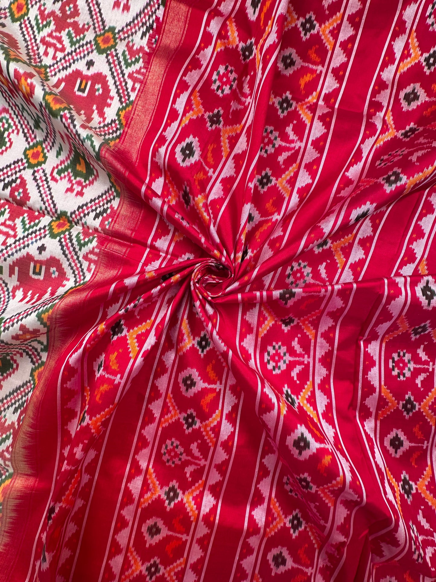 Off White-Red Patola Pure Silk Saree