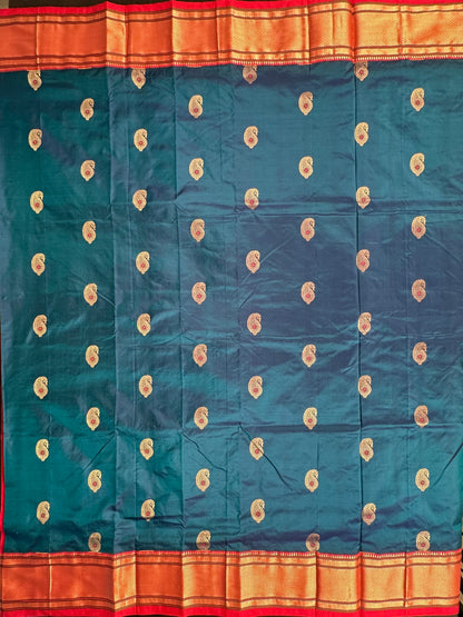 Peacock Blue-Red Paithini Silk Saree