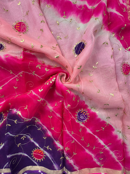 Pink-Rani  Kota Doria Pure Silk Saree With Gota Patti Work