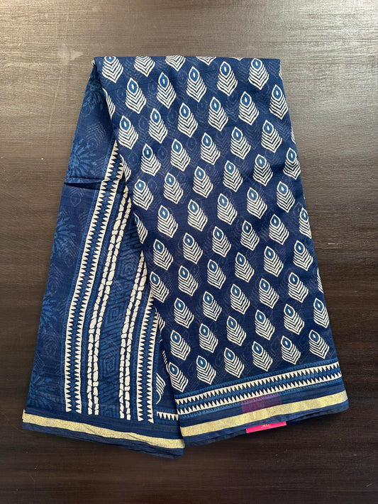 Indigo Blue Block Print Cotton Blend Saree