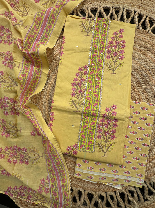Lemon Jaipuri Necktie Cotton 3-Piece Suit