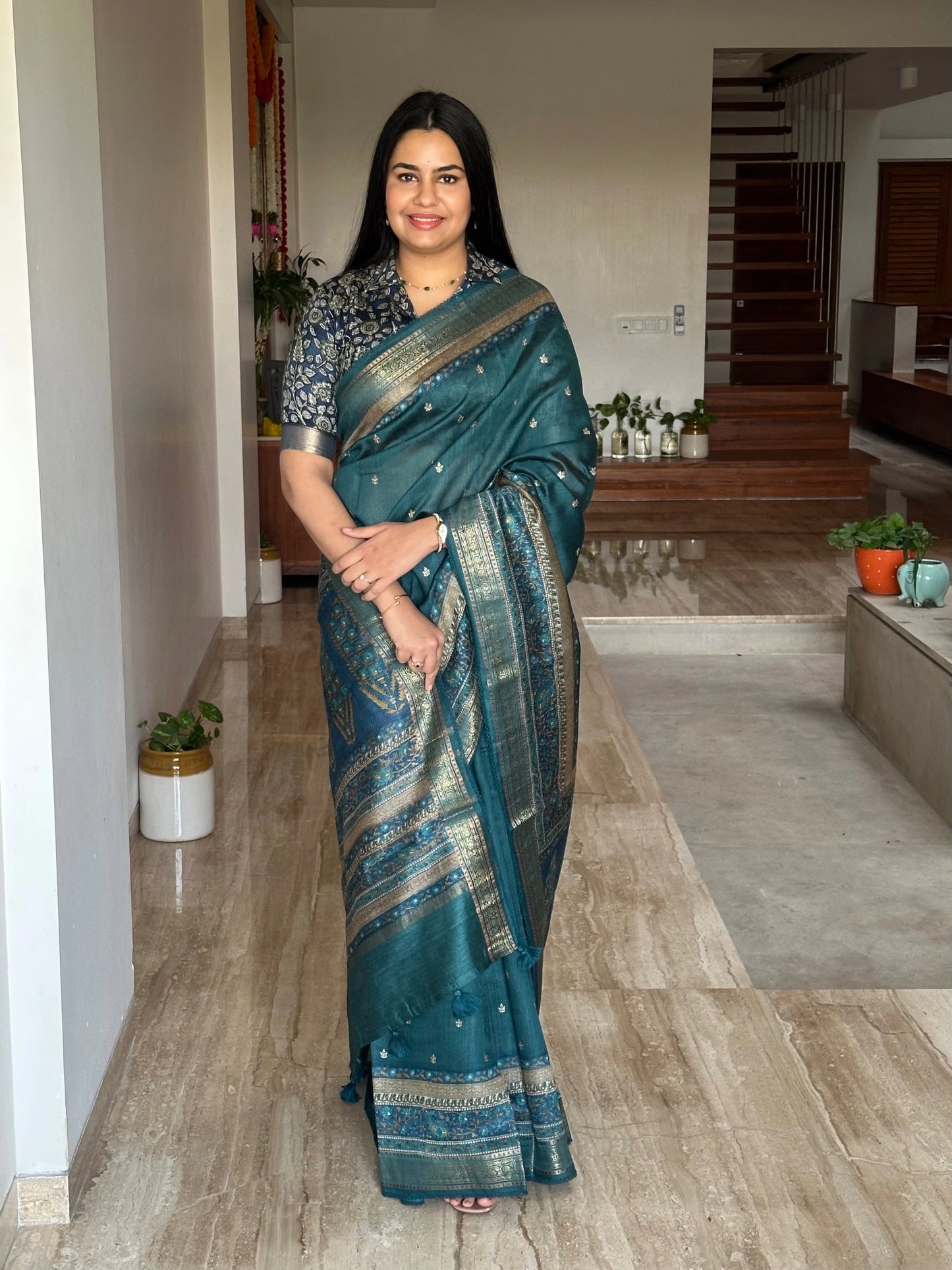 Turquoise Blue Muga Silk Saree
