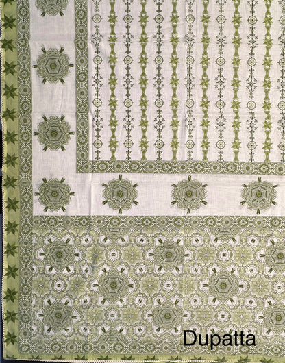 Off White-Green  Necktie Cotton 3-Piece Suit