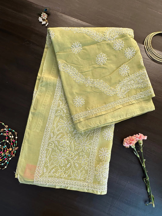 Parrot Green Chikankari Cotton Saree