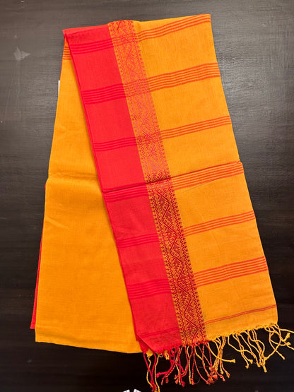 Yellow-Red Piku Bengal Cotton Saree