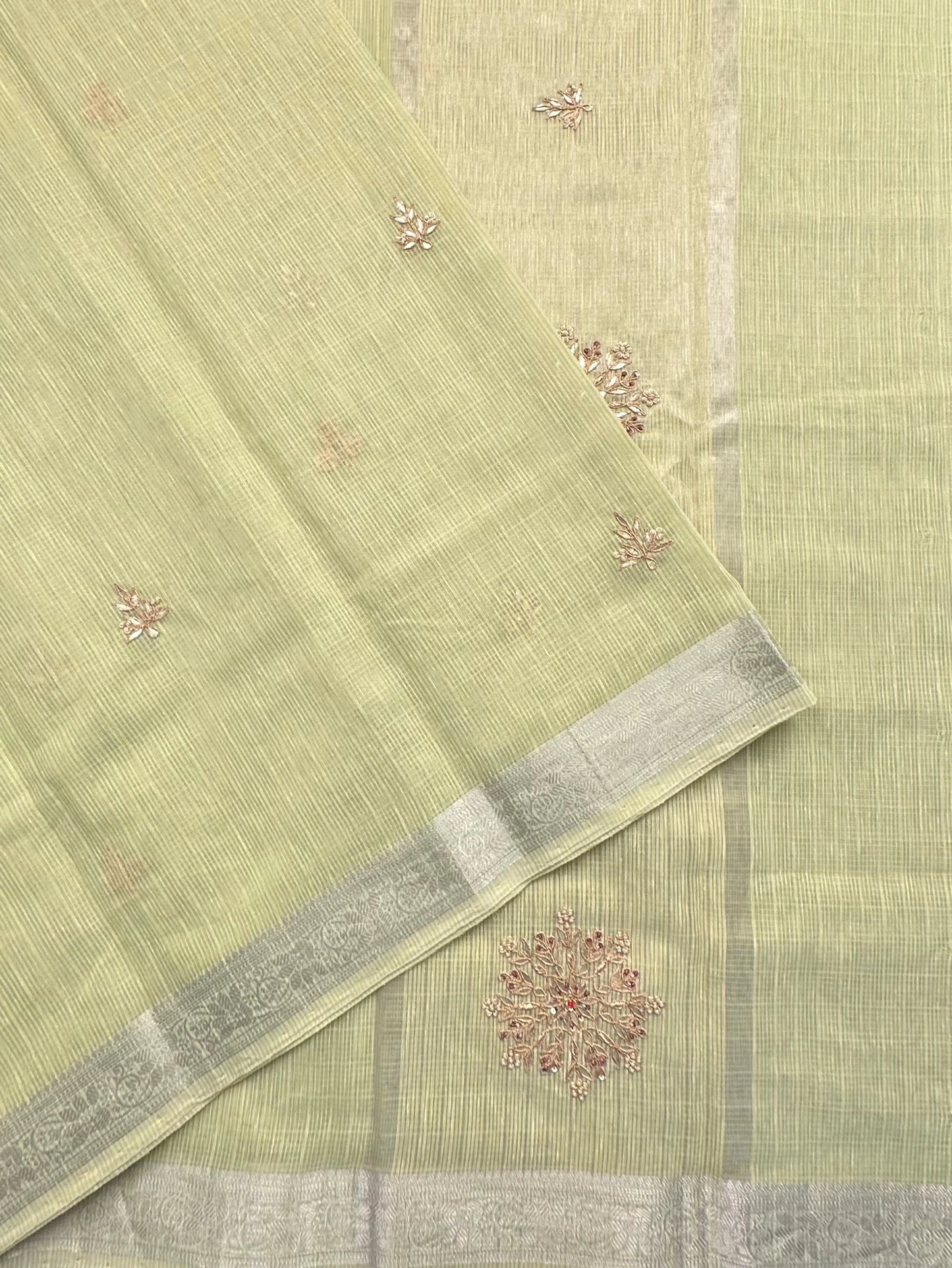 Pista Green Fancy Cotton Saree With Hand Work