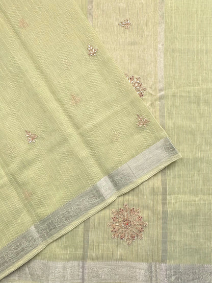 Pista Green Fancy Cotton Saree With Hand Work