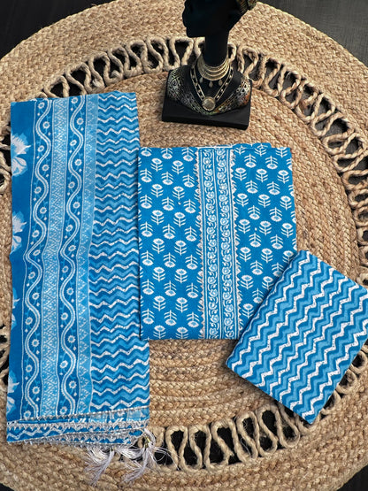 Blue Jaipuri Necktie Cotton 3-Piece Suit