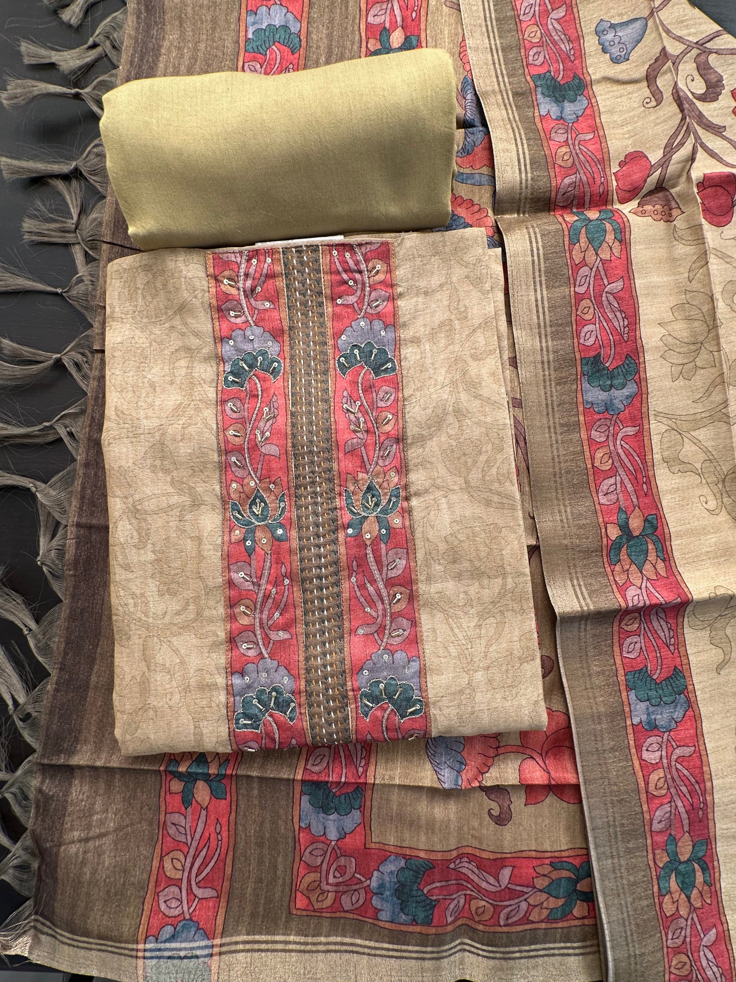 Beige Fancy Cotton 3-Piece Suit