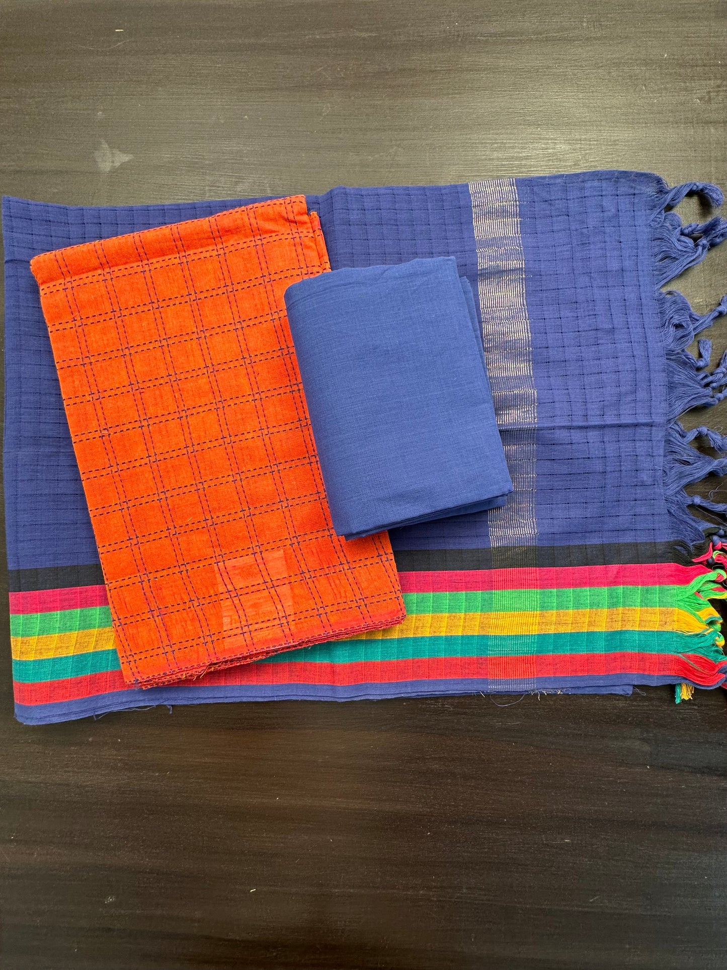 Orange-Blue Checkered South Cotton 3-Piece Suit