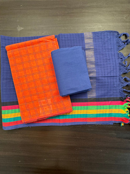 Orange-Blue Checkered South Cotton 3-Piece Suit