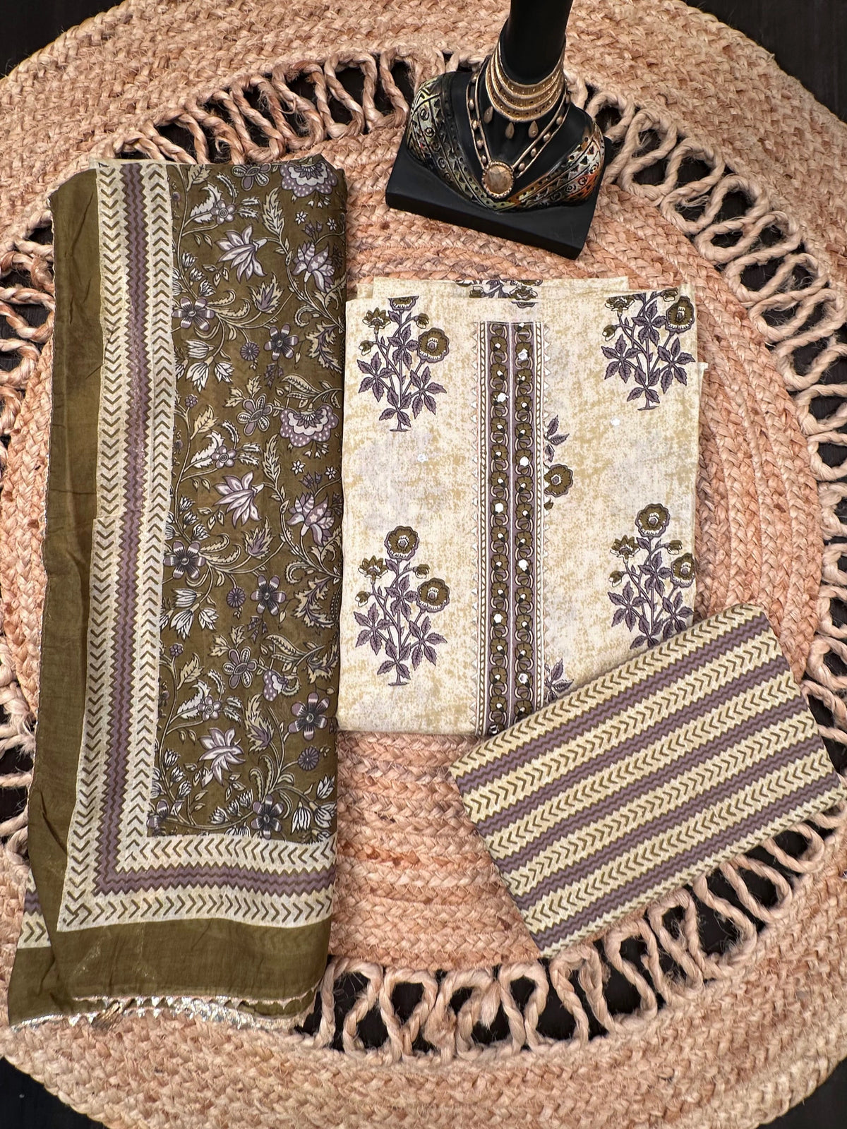 Mehendi Green Jaipuri Necktie Cotton 3-Piece Suit