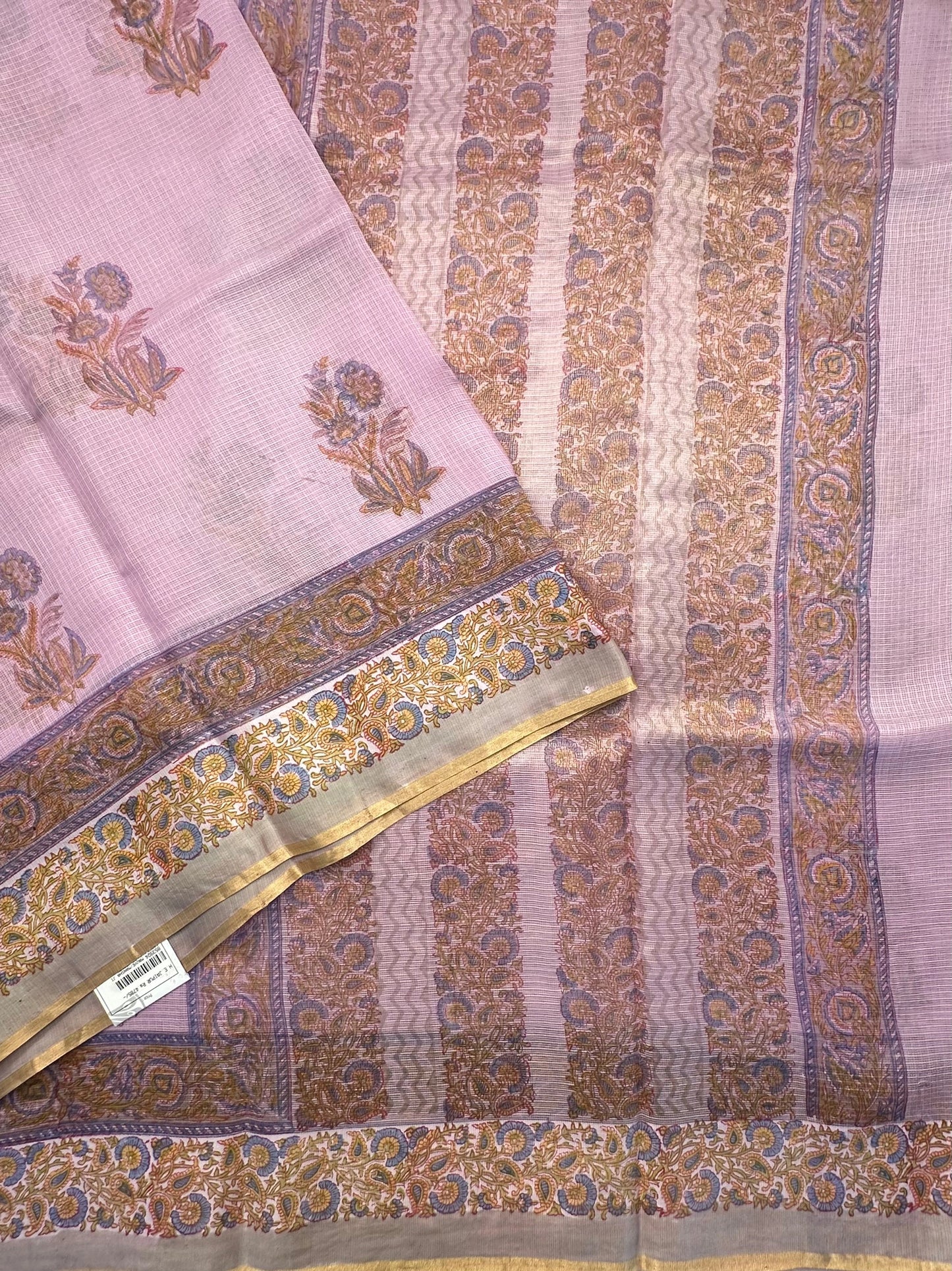 Purple Hand Block-Print Pure Kota Doria Silk Saree