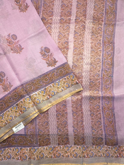 Purple Hand Block-Print Pure Kota Doria Silk Saree