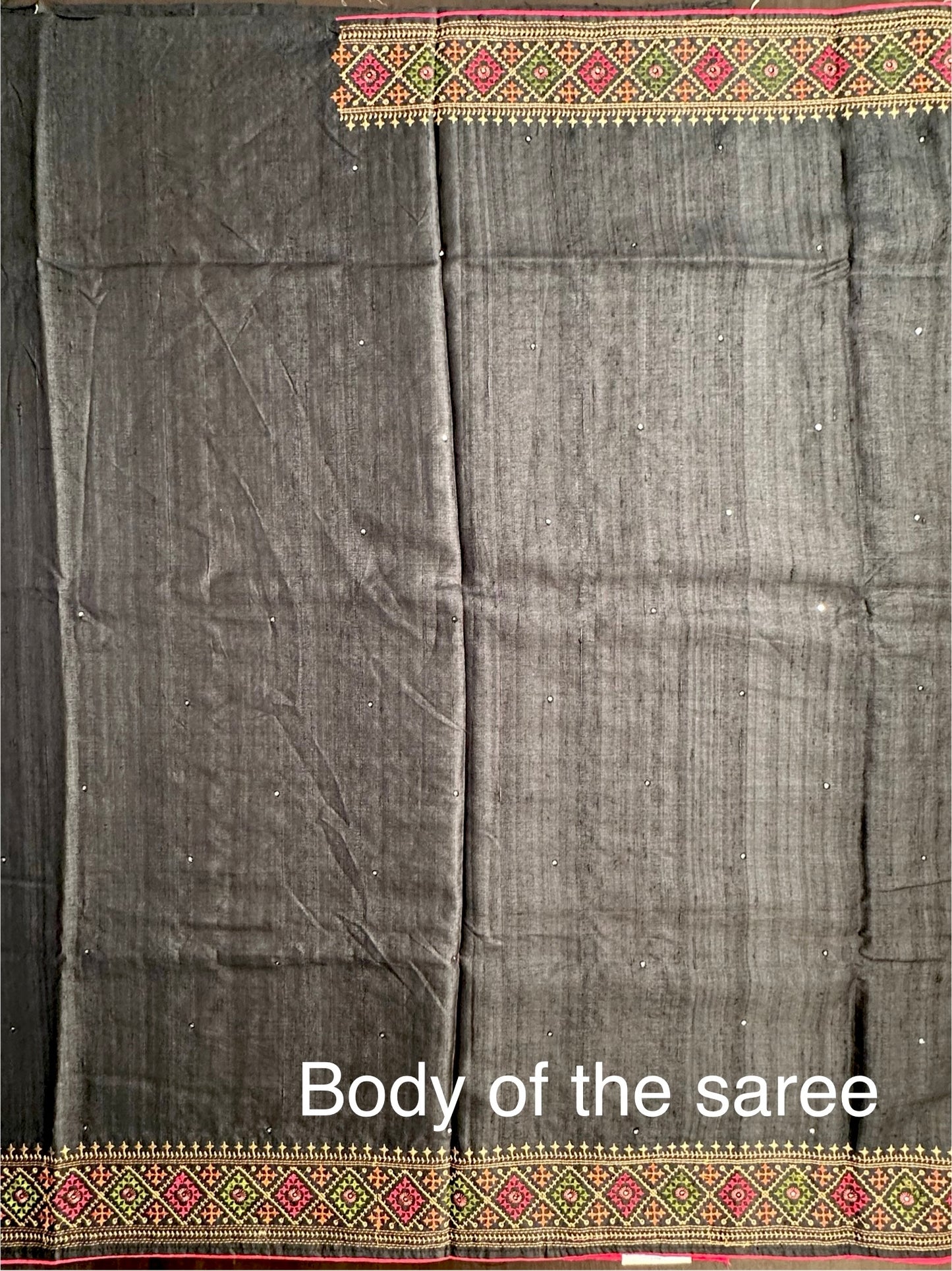 Black Pure Tussar Silk Saree With Embroidery