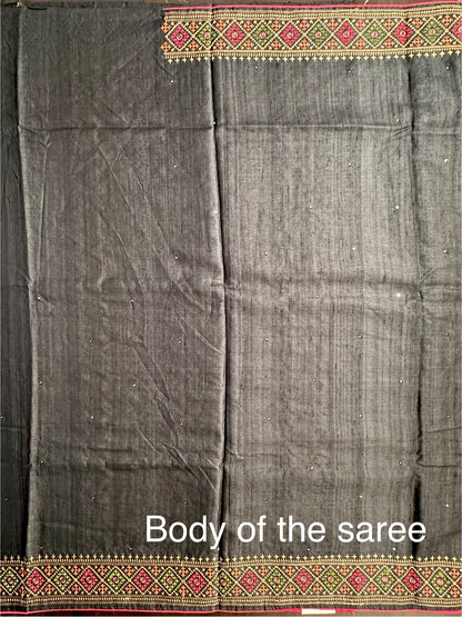 Black Pure Tussar Silk Saree With Embroidery