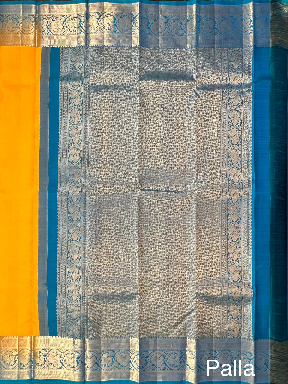 Yellow-Peacock Blue Handloom Kanjivaram Pure Silk Saree