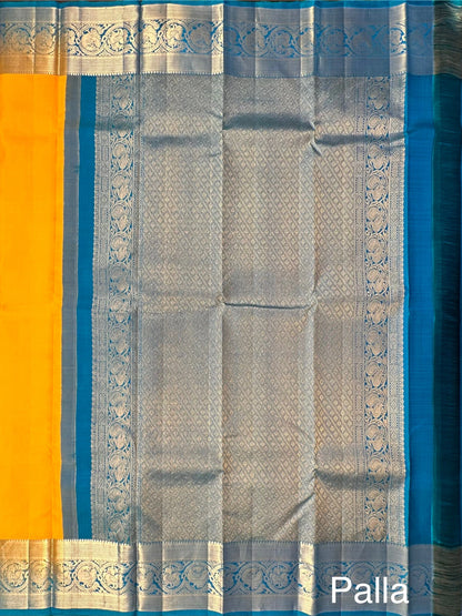 Yellow-Peacock Blue Handloom Kanjivaram Pure Silk Saree