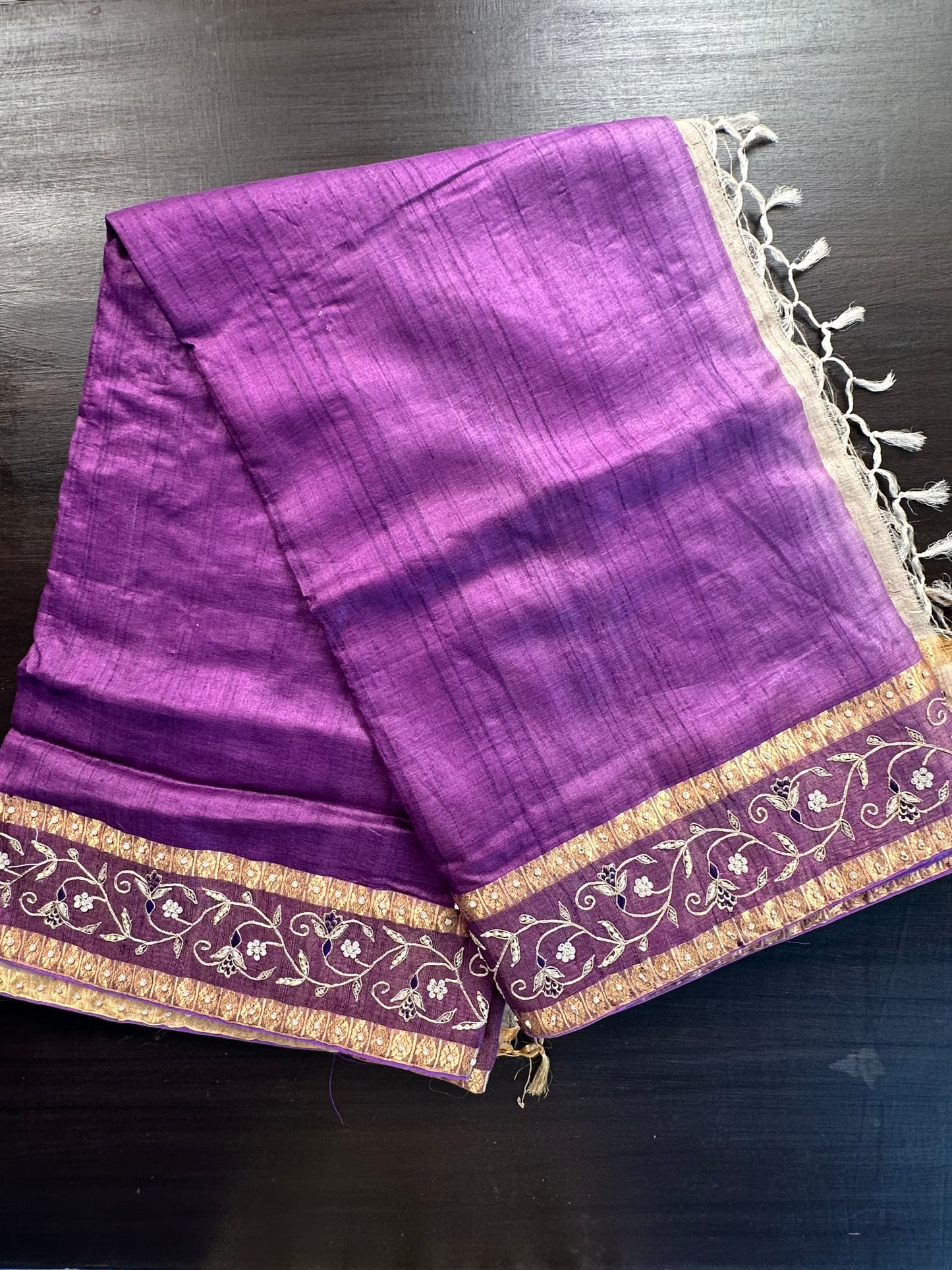 Purple Zardozi Work Pure Tussar Silk Saree