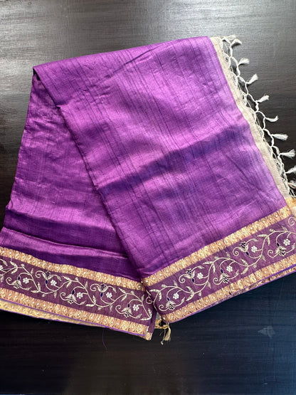 Purple Zardozi Work Pure Tussar Silk Saree