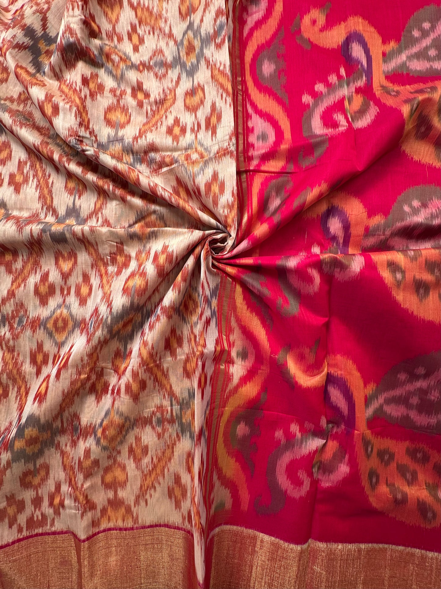 Beige Ikkat Kosa Cotton Silk Saree