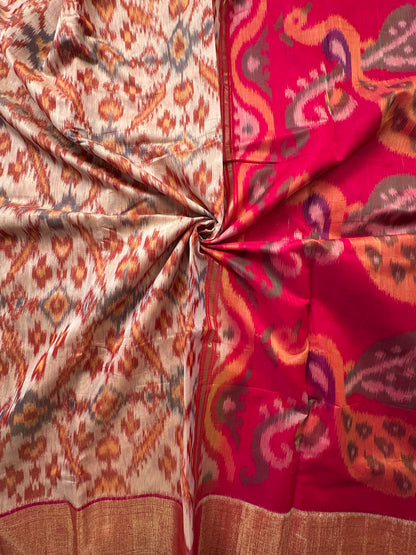 Beige Ikkat Kosa Cotton Silk Saree