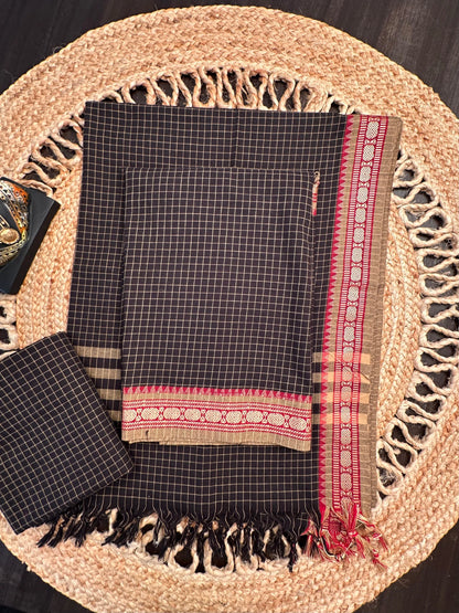 Black Checkered Dharwad South Cotton 3-Piece Suit