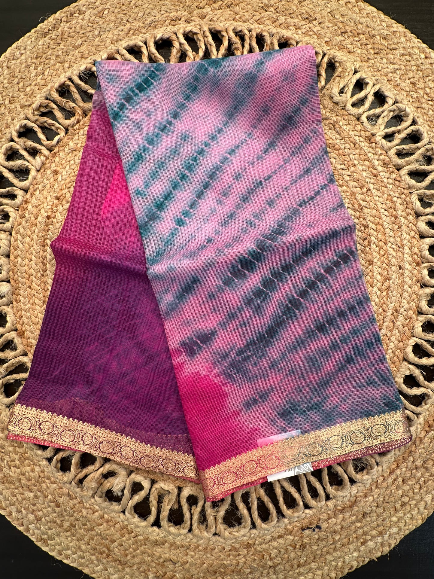 Rani Pink -Rama Green Shibori Kota Doria Pure Silk Saree