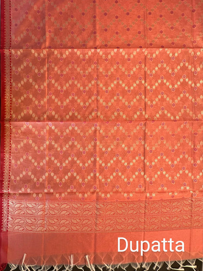 Peach Kota Doria Cotton 3-Piece Suit