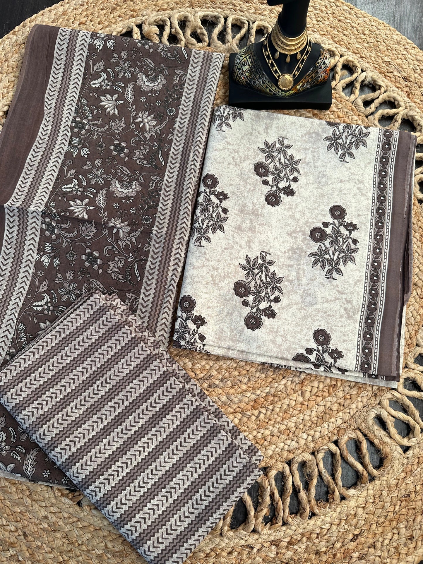 Brown Printed Pure Cotton 3-Piece Suit
