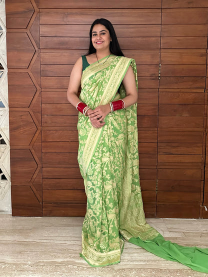 Parrot Green Khaddi Jaal Pure Georgette Saree