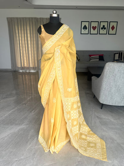Yellow Chikankari Cotton Saree