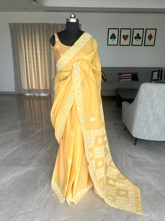 Yellow Chikankari Cotton Saree