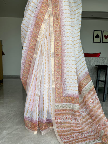 Off White- Black Block Printed Kota Doria Cotton Saree