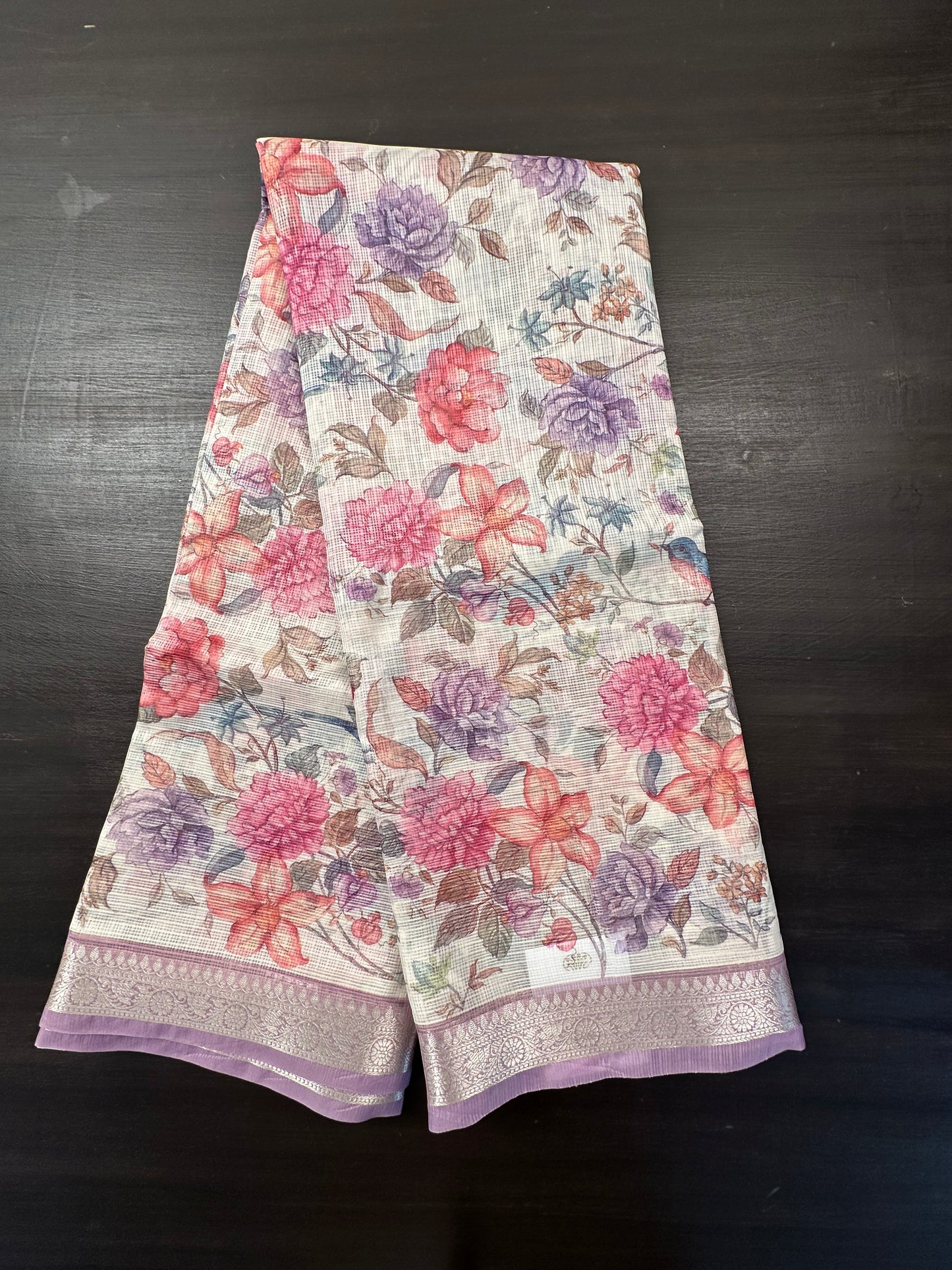 Off White-Mauve Floral Kota Doria Saree
