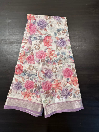 Off White-Mauve Floral Kota Doria Saree