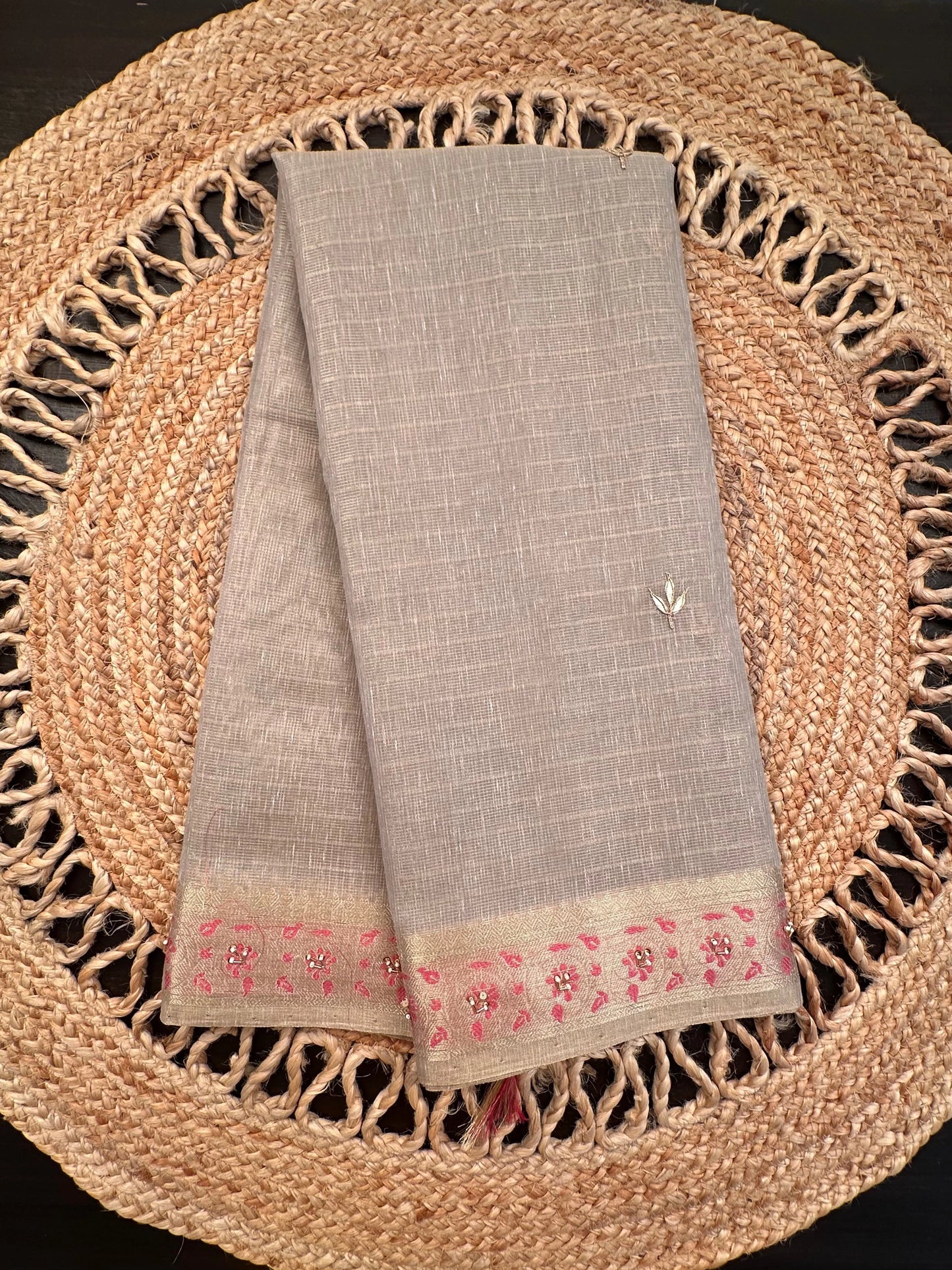 Grey Fancy Zari Cotton Saree With Hand Work