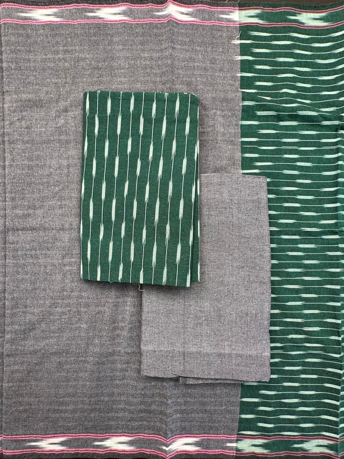 Bottle Green Ikkat Cotton Unstitched 3-Piece Suit