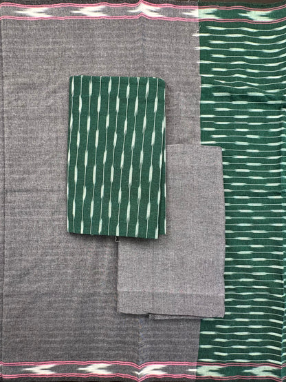 Bottle Green Ikkat Cotton Unstitched 3-Piece Suit