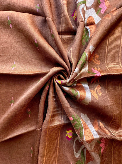 Brown Fancy Cotton Tissue Saree ( Linen Texture)