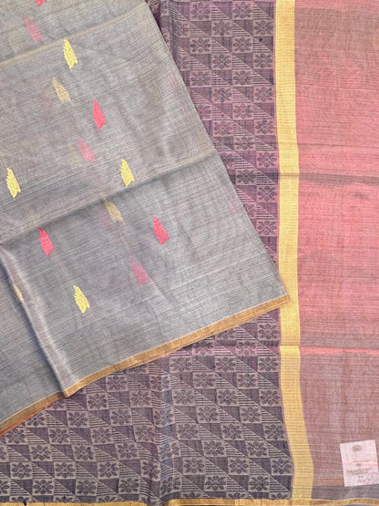 Grey-Pink Pure Tissue Silk Saree