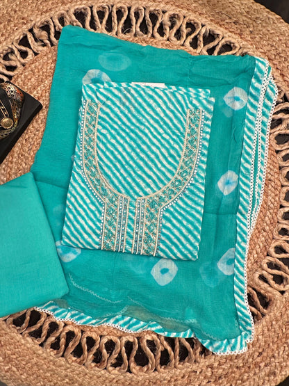 Sea Green Leheriya Jaipuri Cotton Unstitched 3-Piece Suit