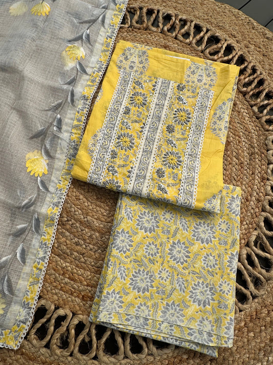 Yellow Jaipuri Neck Work Cotton 3-Piece Suit