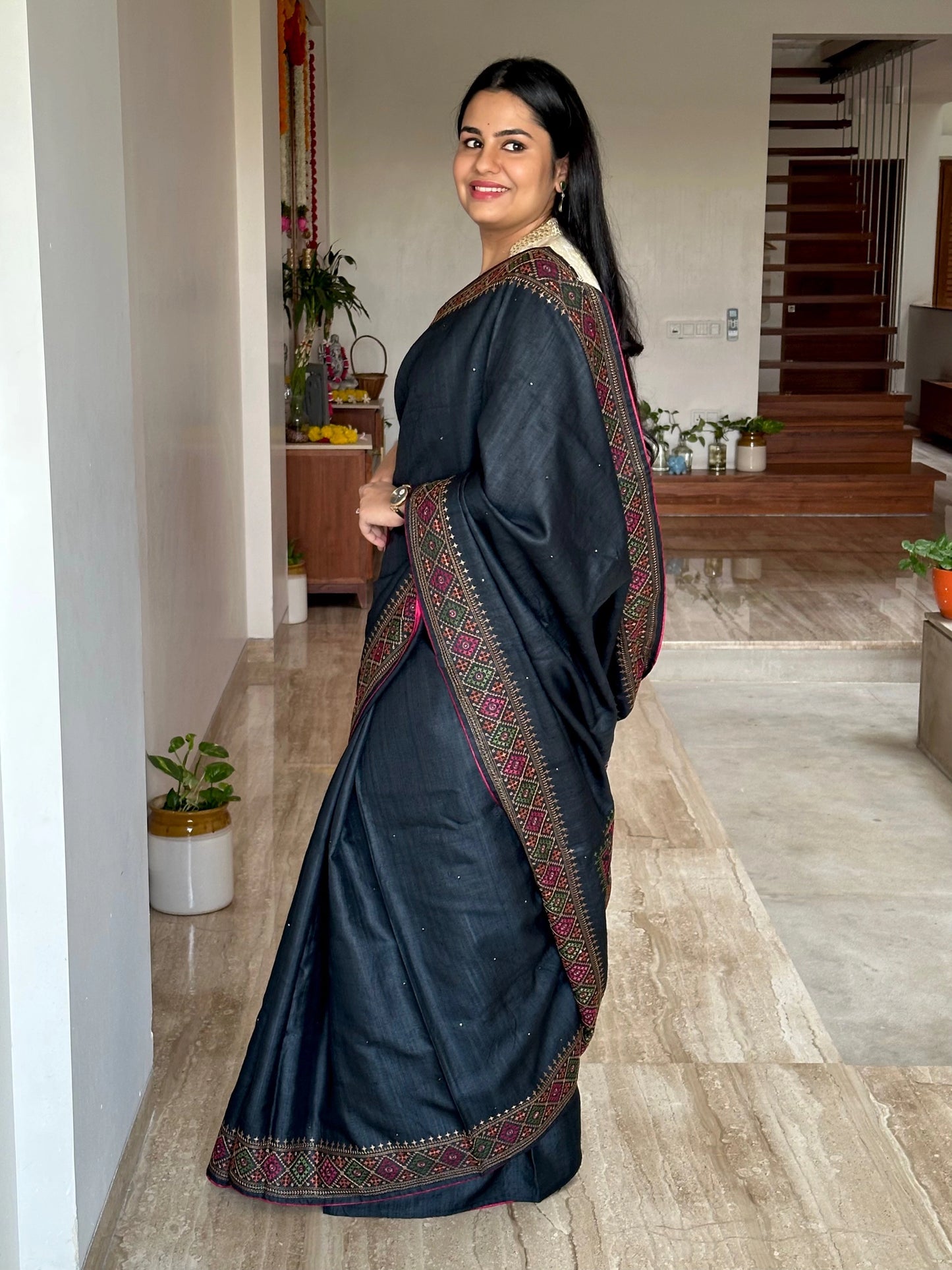 Black Pure Tussar Silk Saree With Embroidery