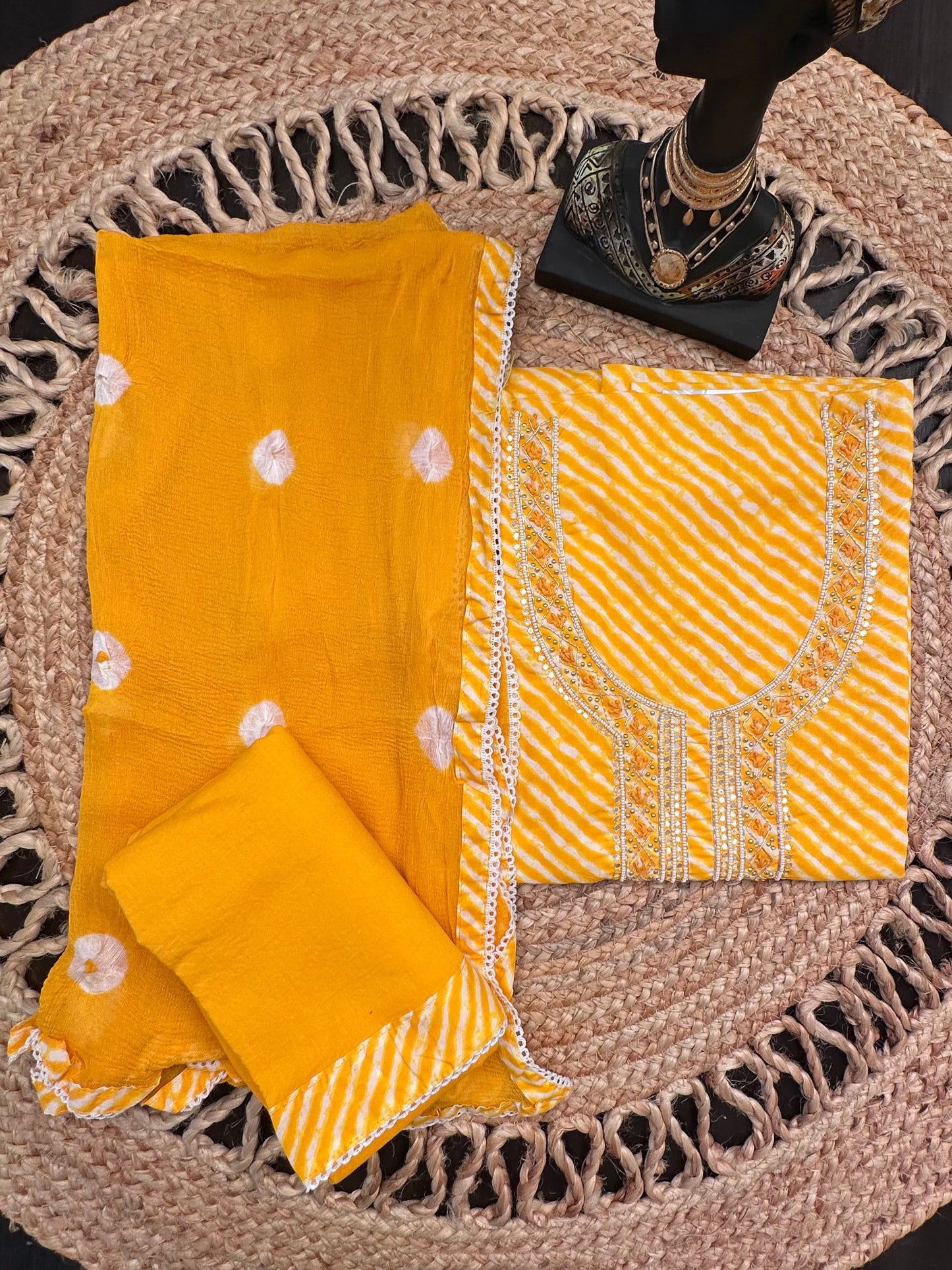 Yellow Leheriya Cotton 3-Piece Suit