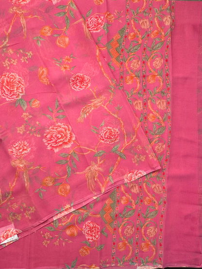 Pink Floral Print Chiffon Saree